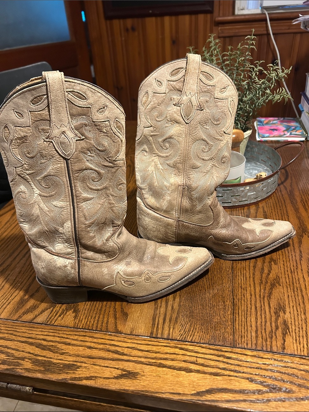 Rocky Tan Embroidered Leather Western Heeled Boots